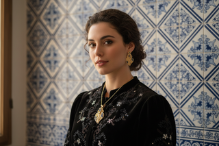 Modelo com joias em parede de azulejos