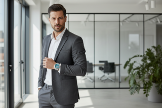 Modelo masculino com relógio turquesa